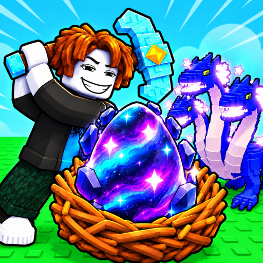 Official Break and Steal an Egg art with a cosmic egg, blue pickaxe and blue three-headed animal